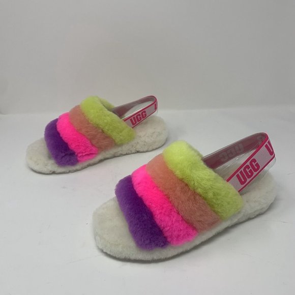 UGG Fluff Yeah 1097169 Slide Slippers Womens 8 White Multi Striped Slip On S0620 - Picture 4 of 9